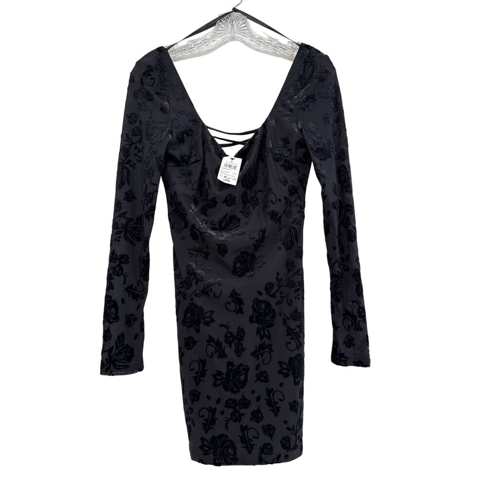 NWT Black Velvet Rose Burnout Bodycon Dress M Whimsigoth Fairy Goth Sheer Sleeve - Picture 2 of 10